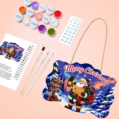 Map-Reading Santa with Lantern paint by numbers hanging sign – image 4