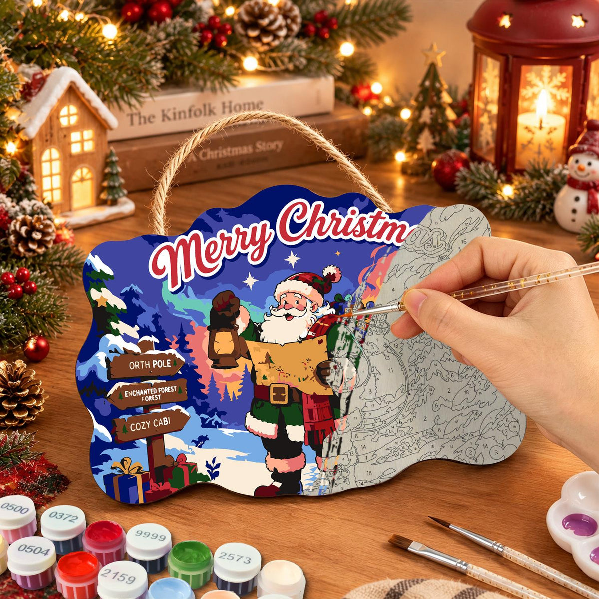 Map-Reading Santa with Lantern paint by numbers hanging sign – image 7