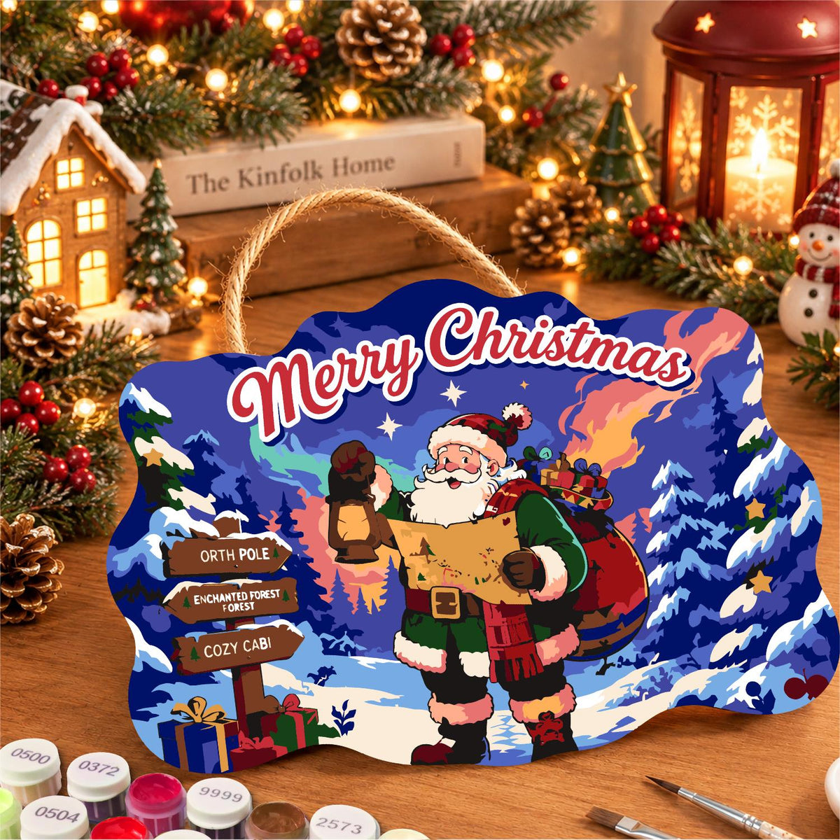 Map-Reading Santa with Lantern paint by numbers hanging sign – image 8