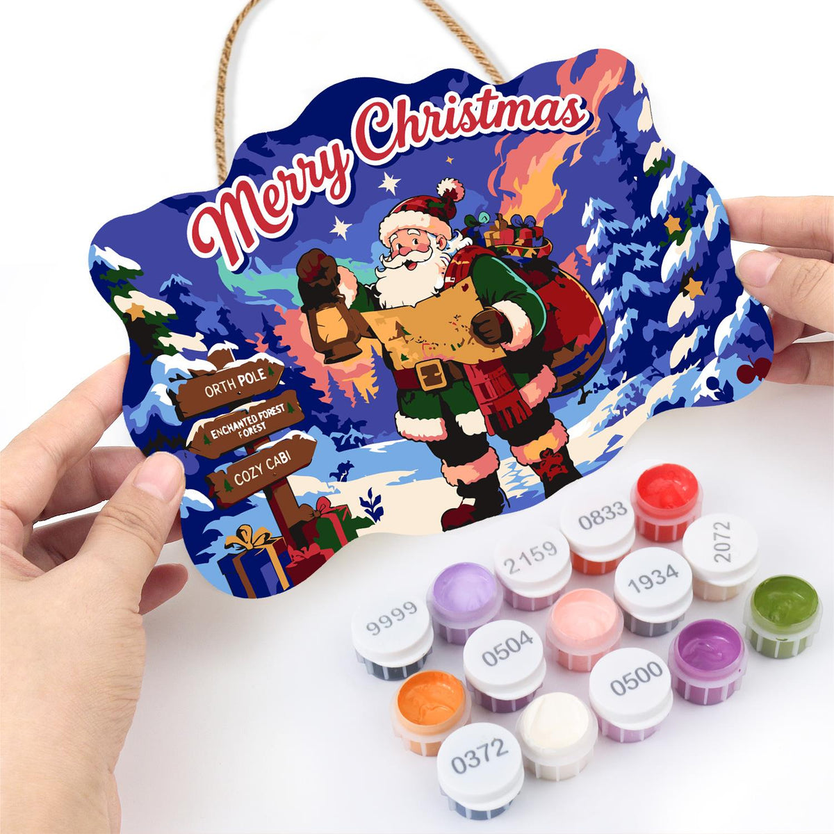 Map-Reading Santa with Lantern paint by numbers hanging sign – image 9
