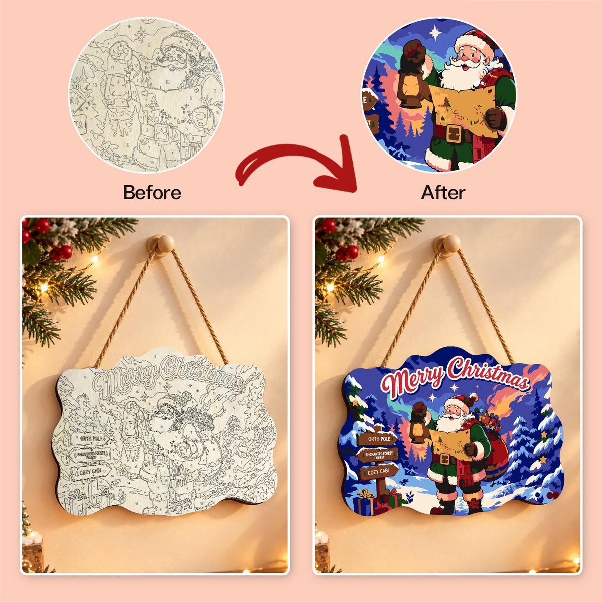 Map-Reading Santa with Lantern paint by numbers hanging sign – image 10