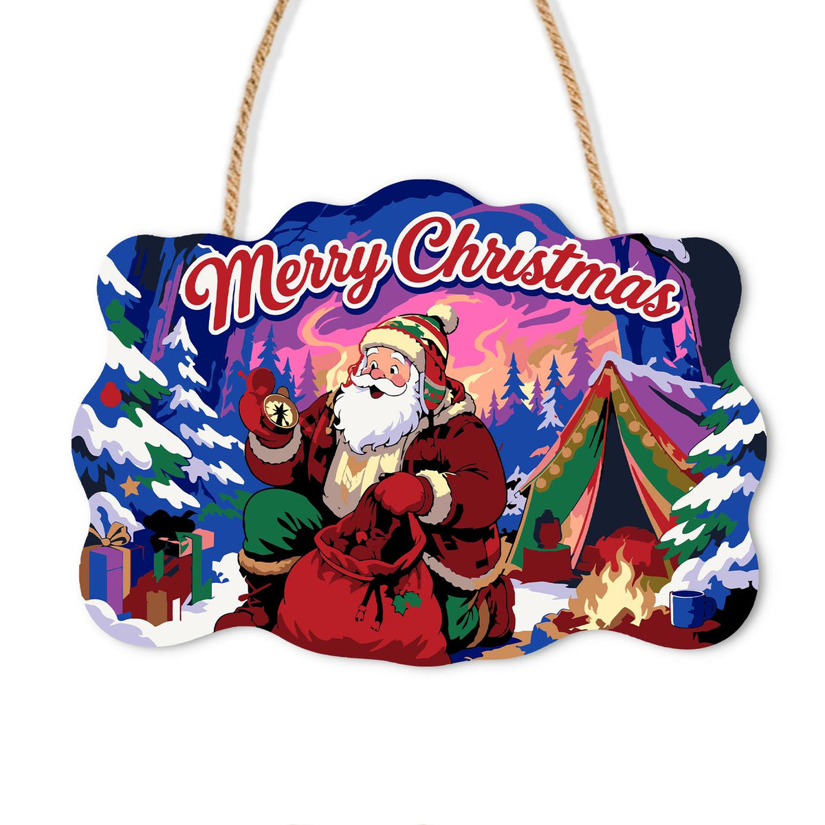 Campfire Santa Under Purple Skies paint by numbers hanging sign – Santa sitting by a campfire with a lantern and gift sack beside a tent in a snowy forest under a purple sky, on a wooden sign with a rope hanger