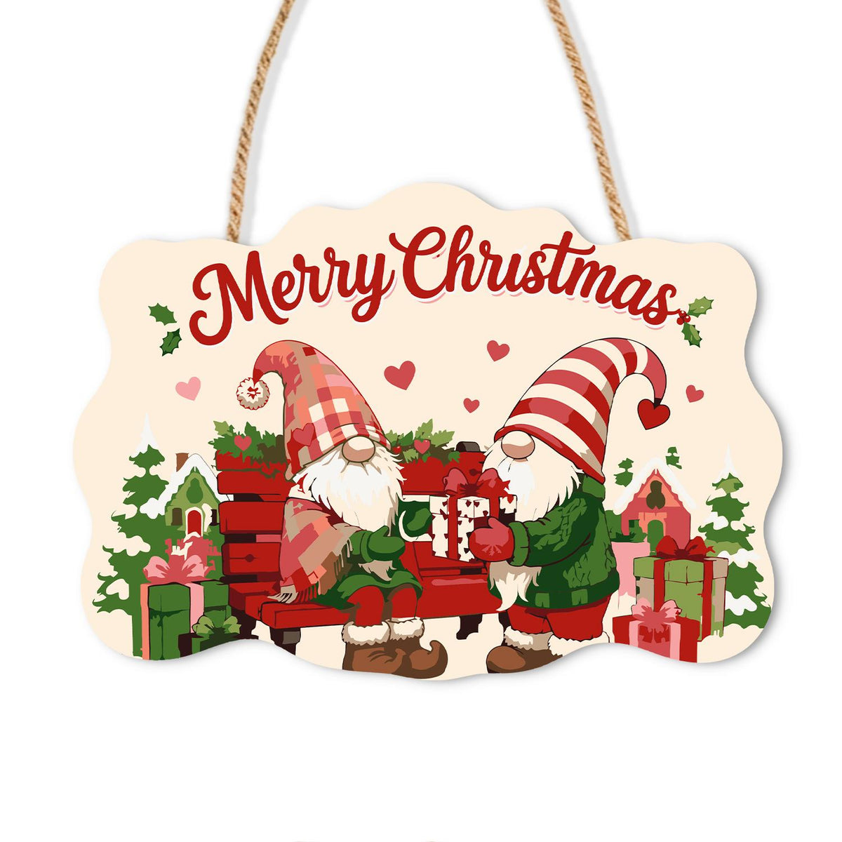 Gnomes on a Red Bench paint by numbers hanging sign – Two gnomes in plaid and striped hats sharing a gift on a red bench among gifts, trees and hearts, on a wooden sign with a rope hanger