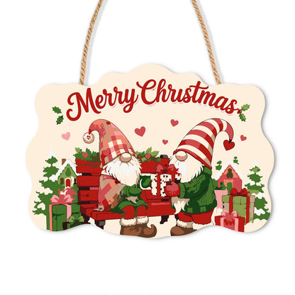 Gnomes on a Red Bench paint by numbers hanging sign – Two gnomes in plaid and striped hats sharing a gift on a red bench among gifts, trees and hearts, on a wooden sign with a rope hanger