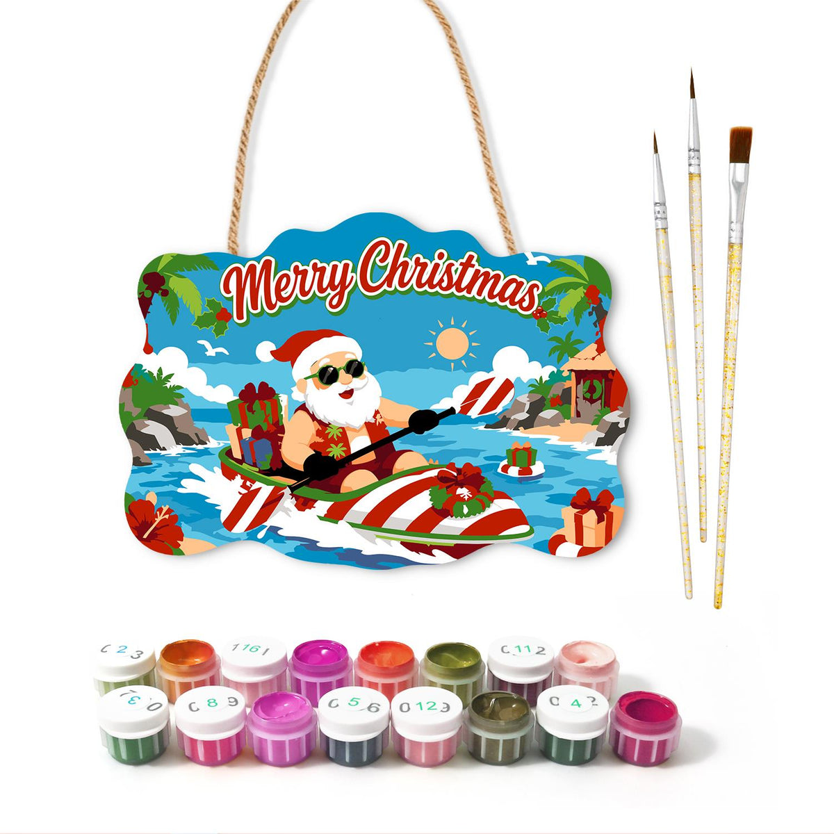 Candy-Striped Kayak Santa paint by numbers hanging sign – image 2