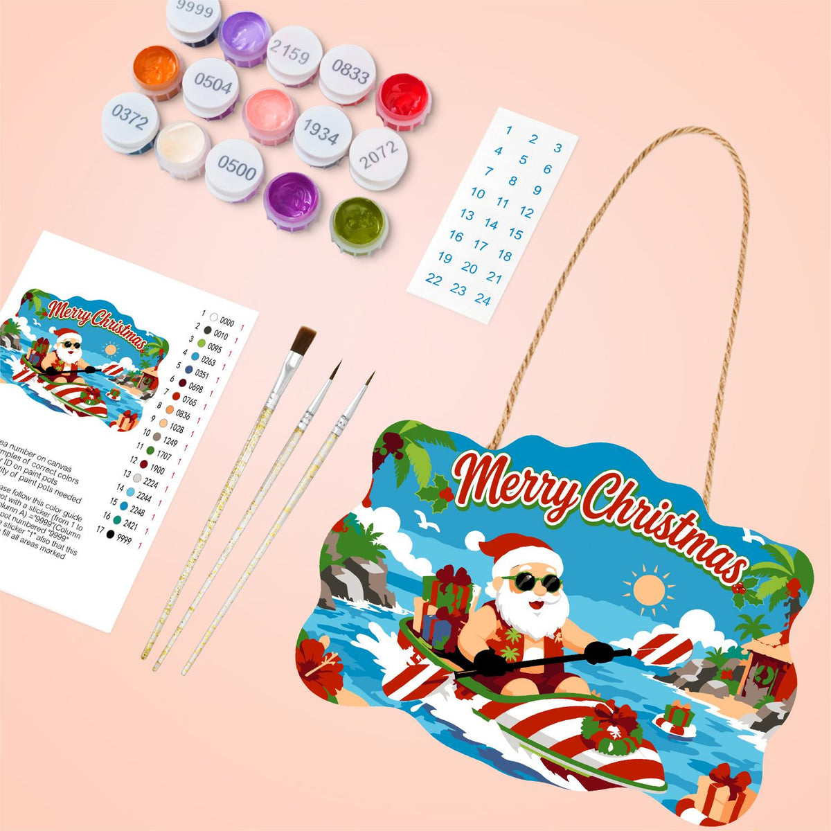 Candy-Striped Kayak Santa paint by numbers hanging sign – image 4