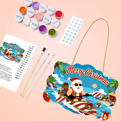 Candy-Striped Kayak Santa paint by numbers hanging sign – image 4