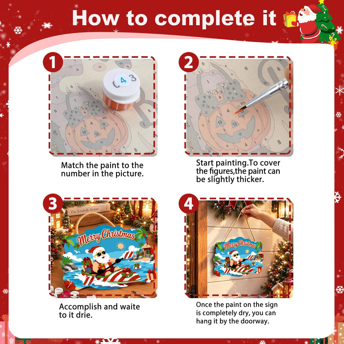 Candy-Striped Kayak Santa paint by numbers hanging sign – image 6