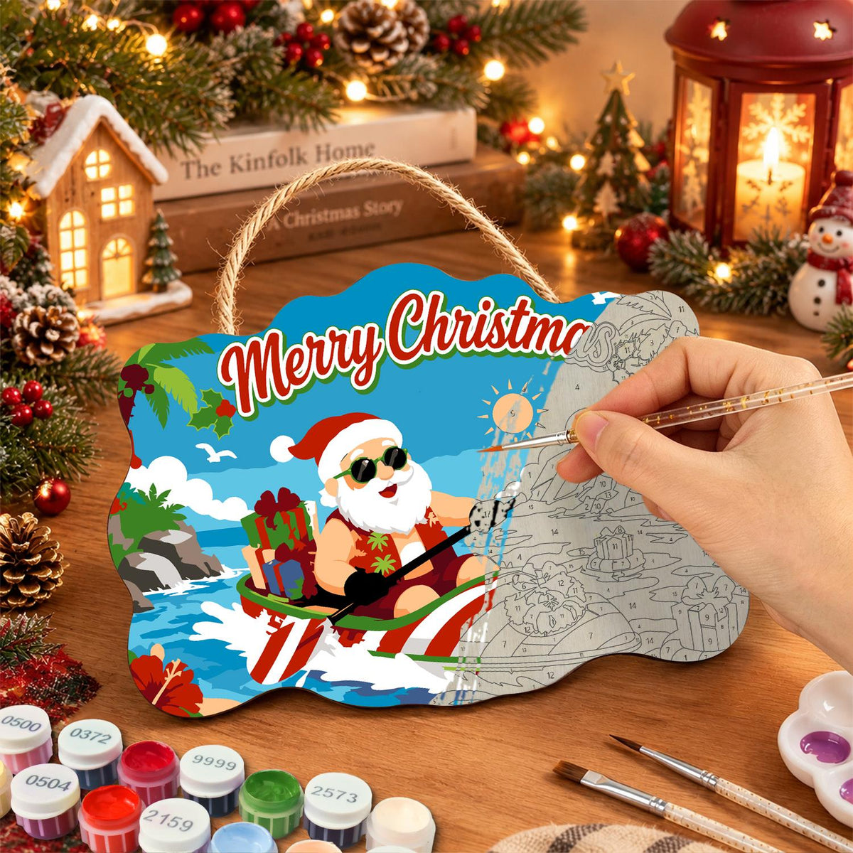 Candy-Striped Kayak Santa paint by numbers hanging sign – image 7