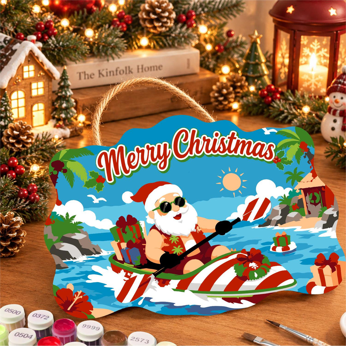 Candy-Striped Kayak Santa paint by numbers hanging sign – image 8