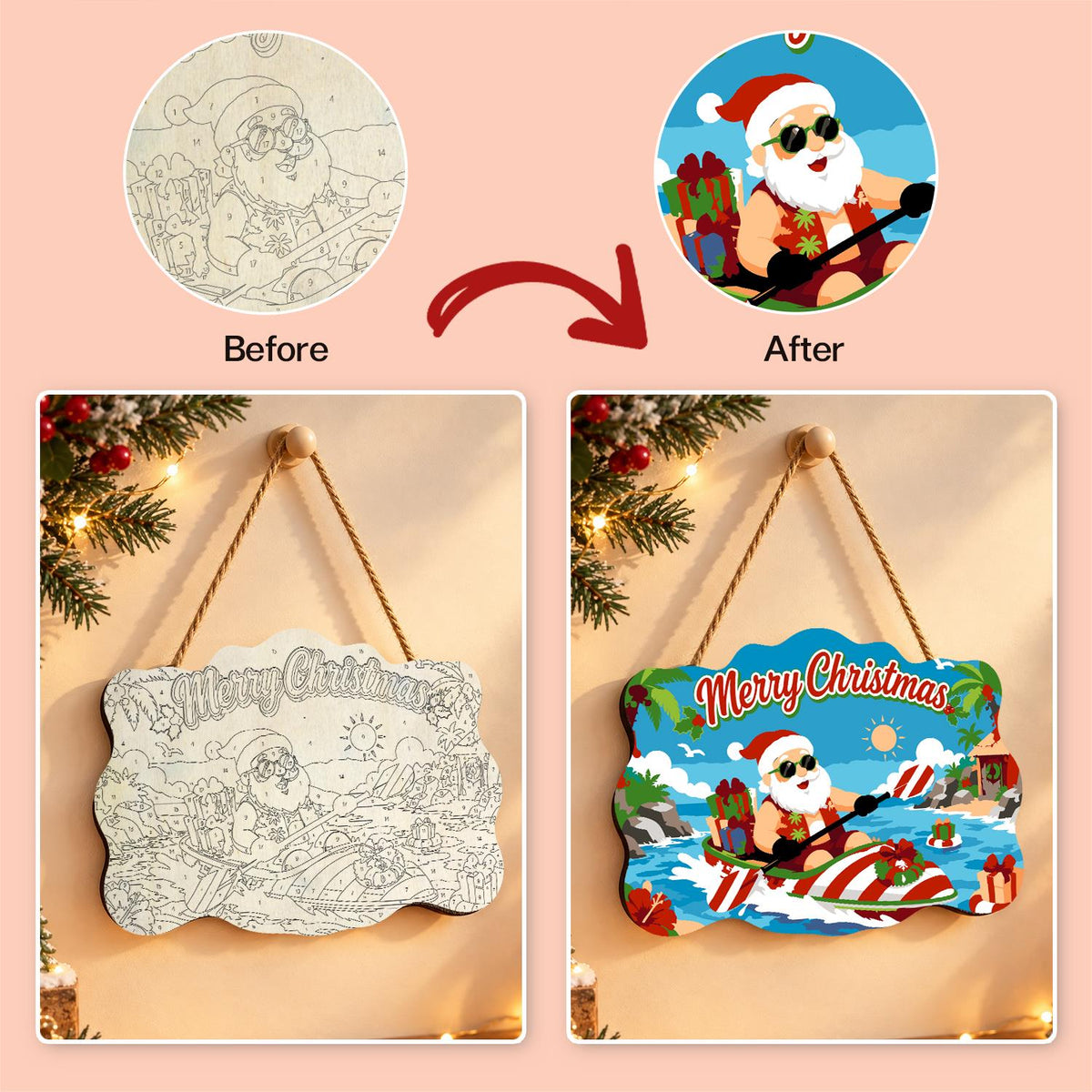 Candy-Striped Kayak Santa paint by numbers hanging sign – image 10