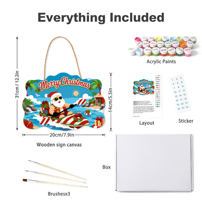 Candy-Striped Kayak Santa paint by numbers hanging sign – what's in the kit: the wooden sign, rope hanger, numbered paints and brushes