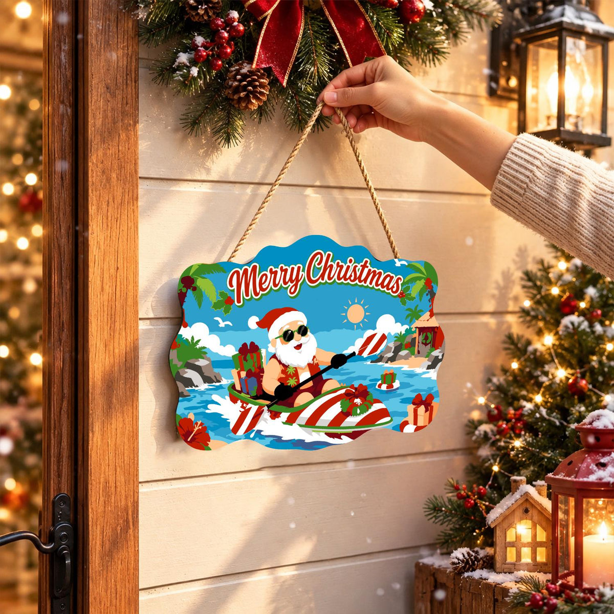 Candy-Striped Kayak Santa paint by numbers hanging sign – image 14