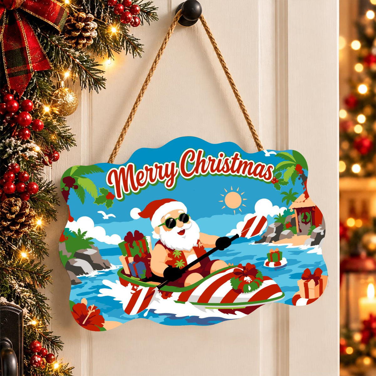 Candy-Striped Kayak Santa paint by numbers hanging sign – image 16