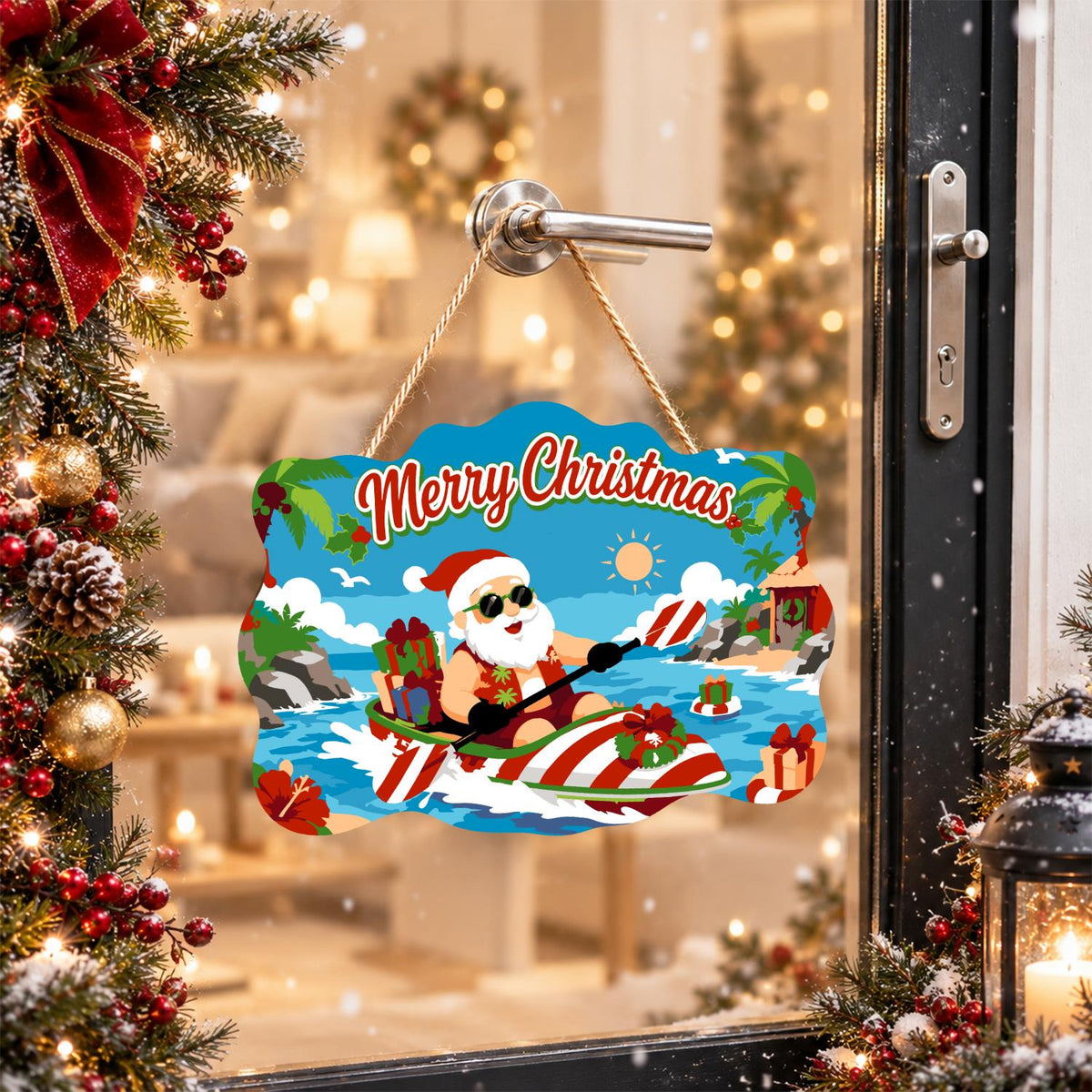 Candy-Striped Kayak Santa paint by numbers hanging sign – image 17