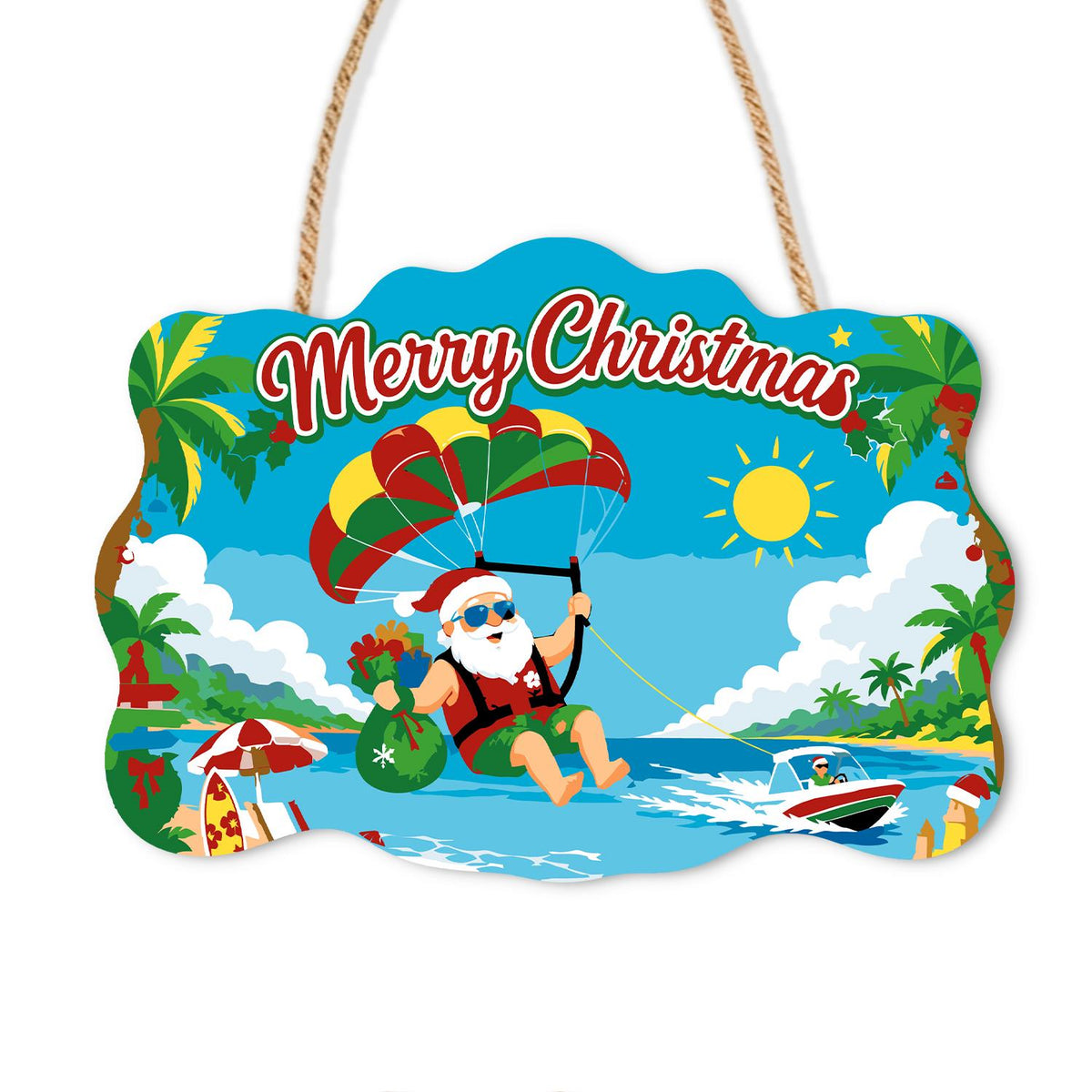 Parasailing Santa Over the Bay paint by numbers hanging sign – Santa parasailing under a rainbow canopy with a gift sack, towed by a boat over a sunny bay, on a wooden sign with a rope hanger