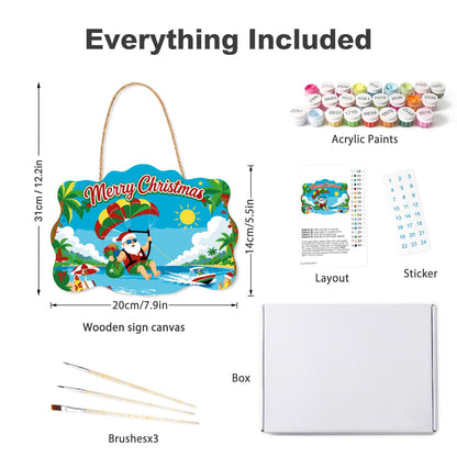 Parasailing Santa Over the Bay paint by numbers hanging sign – what's in the kit: the wooden sign, rope hanger, numbered paints and brushes