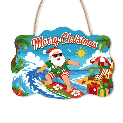 Surfing Santa on a Curling Wave paint by numbers hanging sign – Santa in sunglasses and a Hawaiian shirt surfing a curling wave on a hibiscus board with gifts on the beach, on a wooden sign with a rope hanger