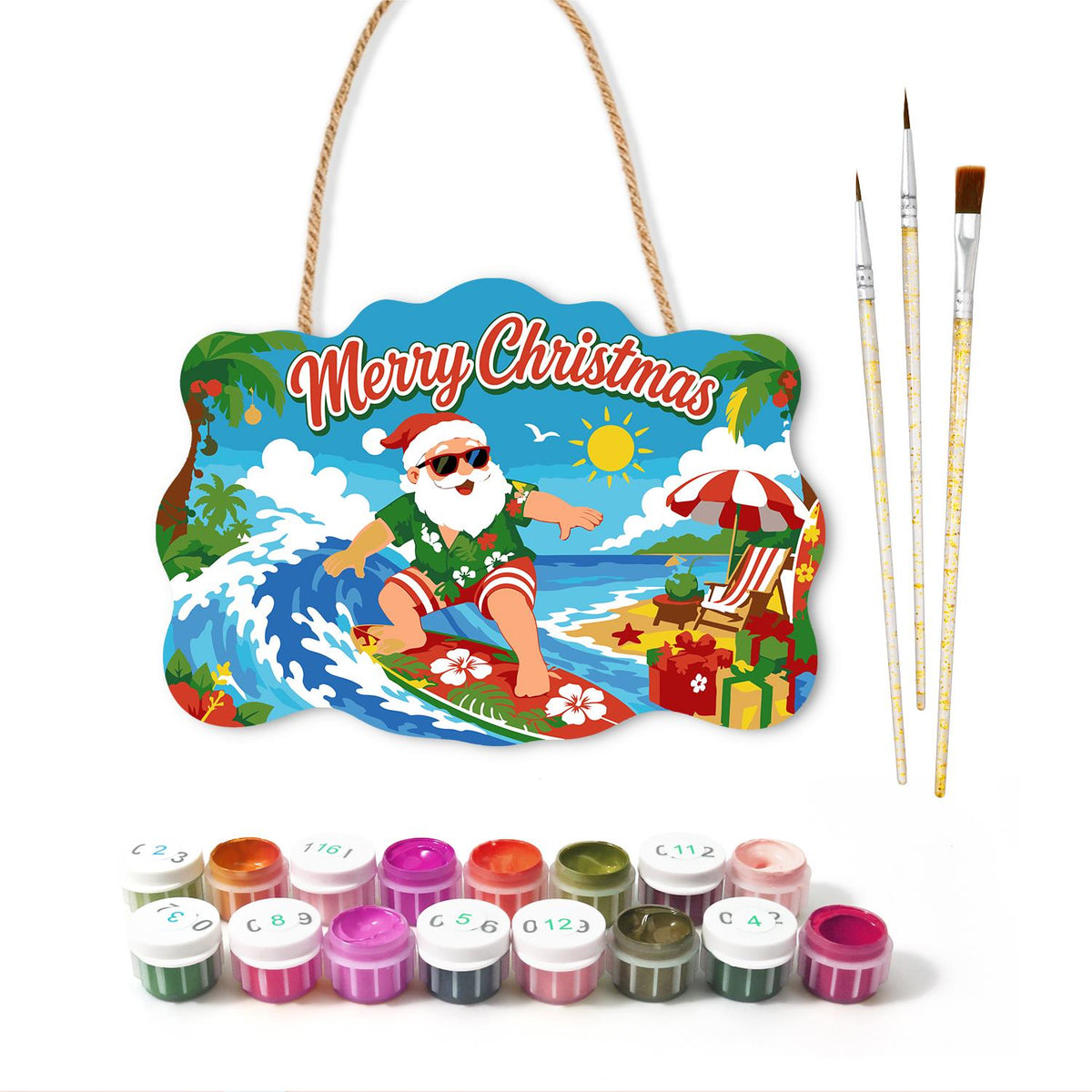 Surfing Santa on a Curling Wave paint by numbers hanging sign – image 2