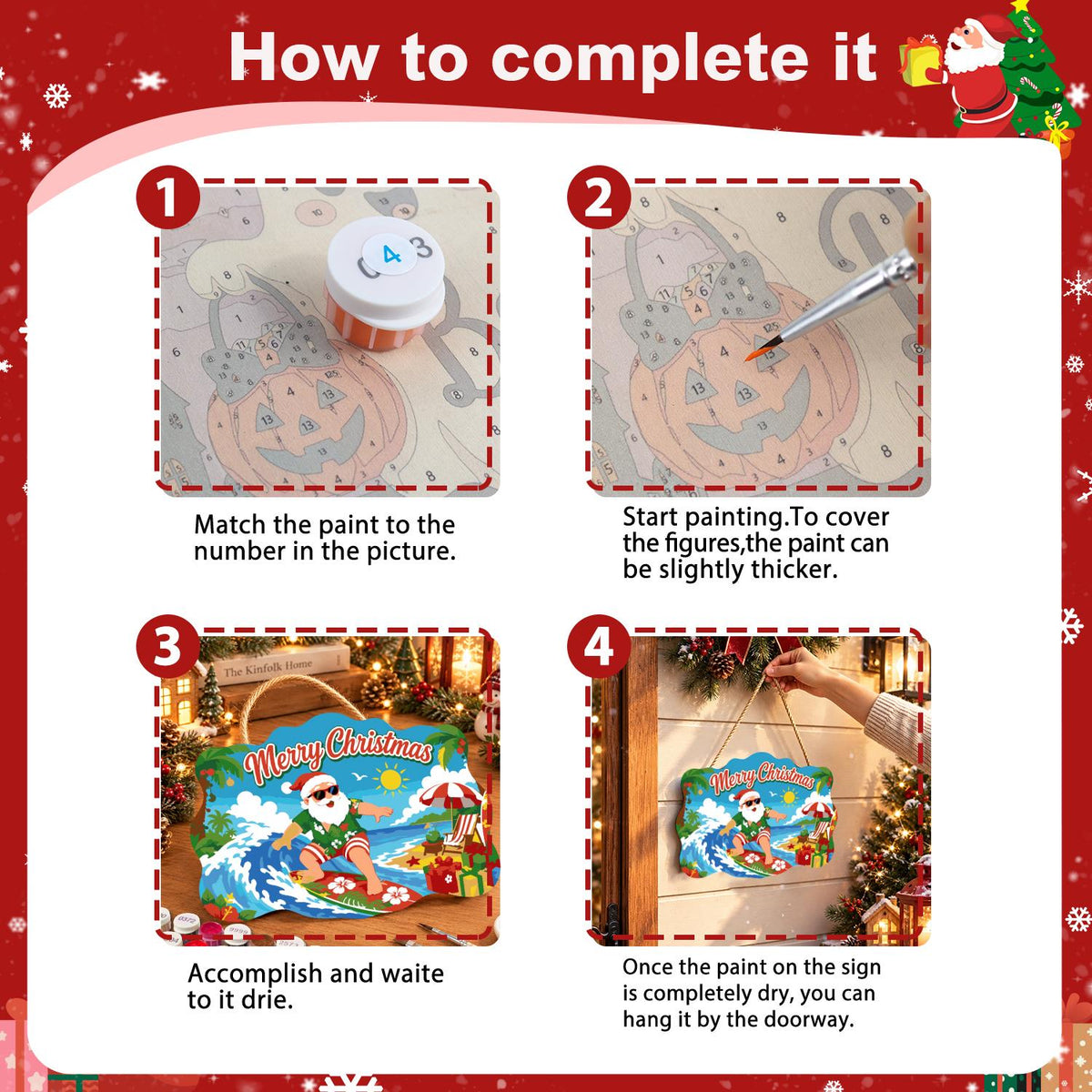 Surfing Santa on a Curling Wave paint by numbers hanging sign – image 6