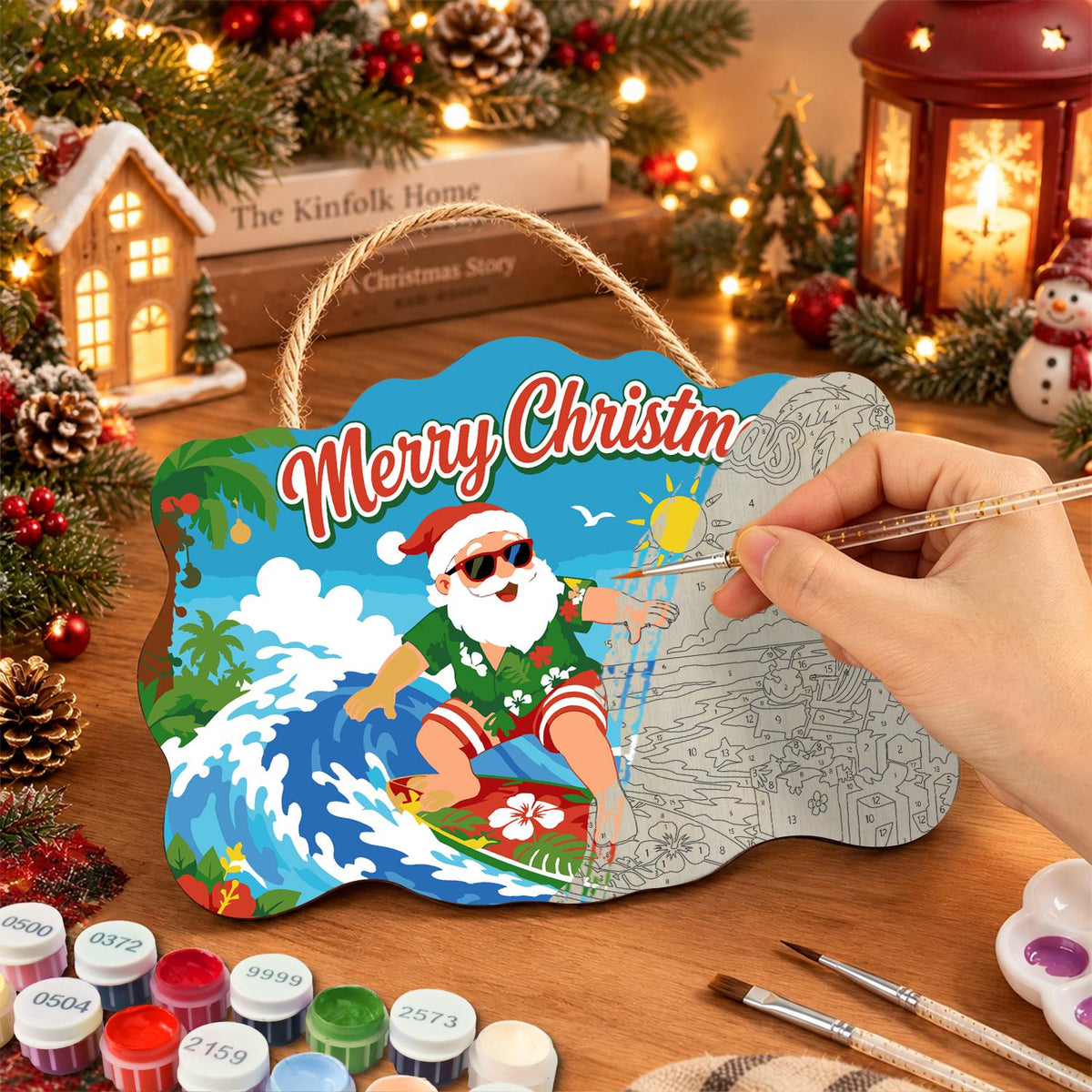 Surfing Santa on a Curling Wave paint by numbers hanging sign – image 7