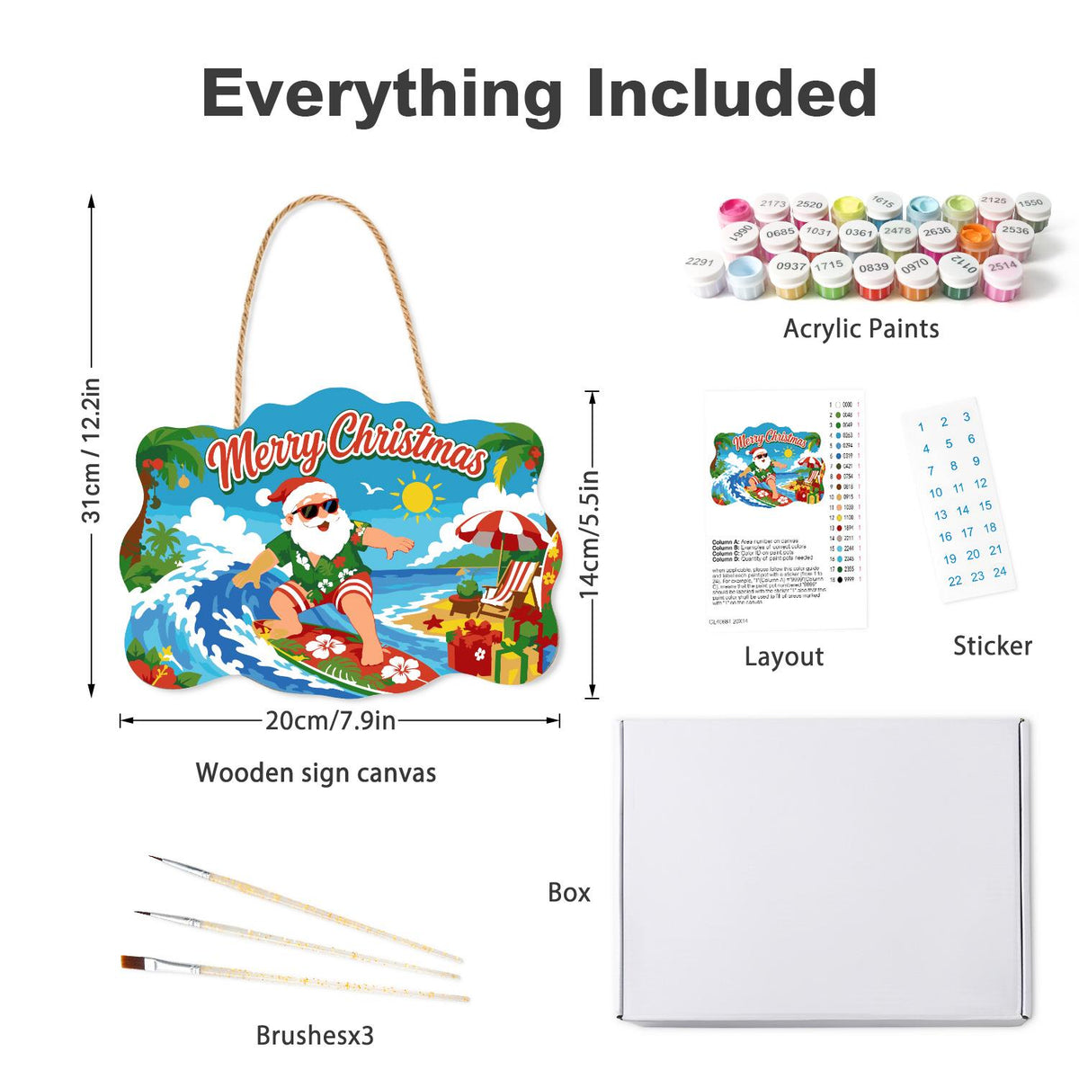 Surfing Santa on a Curling Wave paint by numbers hanging sign – what's in the kit: the wooden sign, rope hanger, numbered paints and brushes