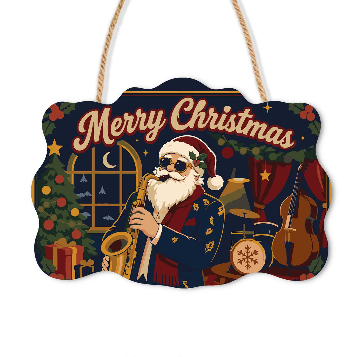 Saxophone Santa in a Jazz Club paint by numbers hanging sign – Santa in sunglasses playing saxophone in a jazz club with drums, a double bass and a Christmas tree, on a wooden sign with a rope hanger