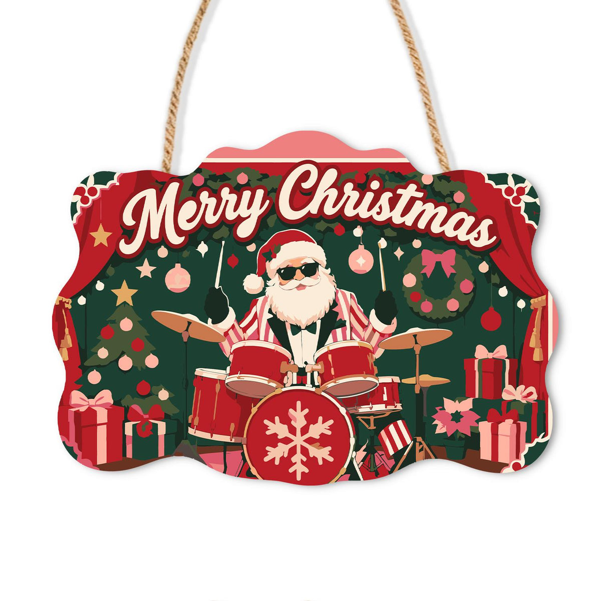 Drummer Santa on the Red Stage paint by numbers hanging sign – Santa in sunglasses playing red drums with a snowflake on the bass drum, framed by red stage curtains, on a wooden sign with a rope hanger