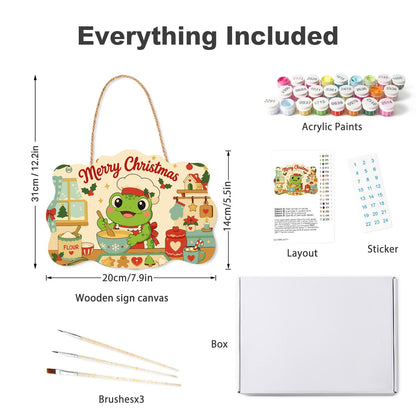Baker Frog's Gingerbread Batch paint by numbers hanging sign – what's in the kit: the wooden sign, rope hanger, numbered paints and brushes