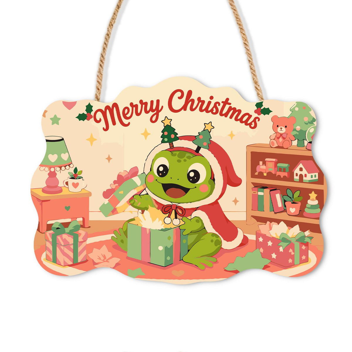 Frog Unwrapping a Toy Room Gift paint by numbers hanging sign – Smiling frog in a red hood opening a green gift box in a peach toy room with teddy bears and shelves, on a wooden sign with a rope hanger