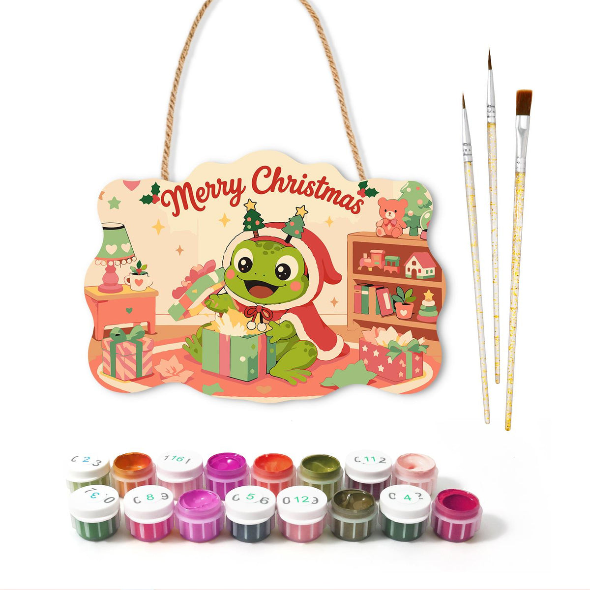 Frog Unwrapping a Toy Room Gift paint by numbers hanging sign – image 2