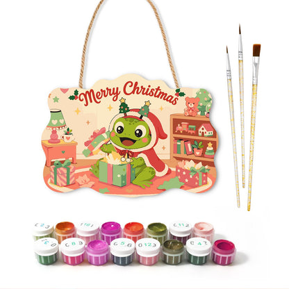 Frog Unwrapping a Toy Room Gift paint by numbers hanging sign – image 2