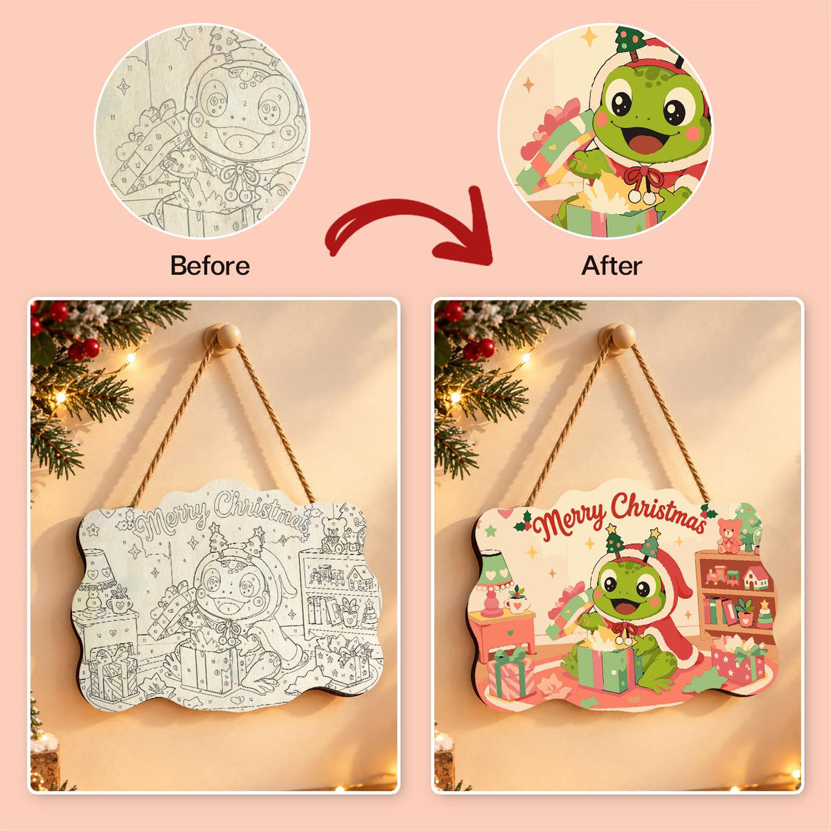 Frog Unwrapping a Toy Room Gift paint by numbers hanging sign – image 10