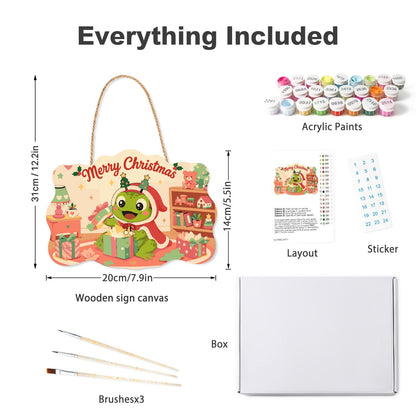 Frog Unwrapping a Toy Room Gift paint by numbers hanging sign – what's in the kit: the wooden sign, rope hanger, numbered paints and brushes