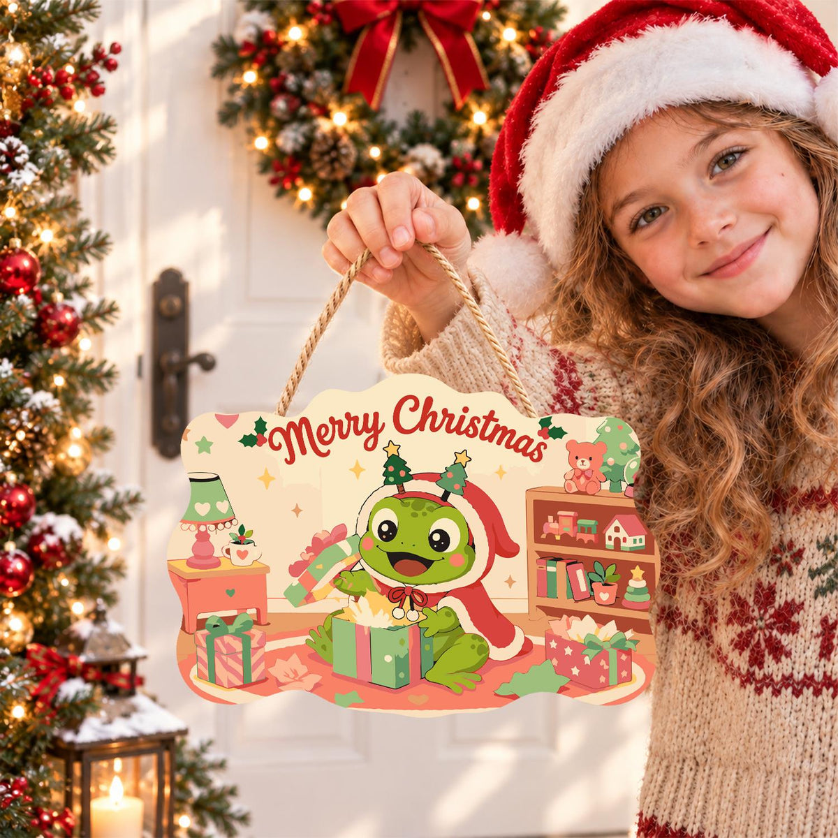 Frog Unwrapping a Toy Room Gift paint by numbers hanging sign – image 13