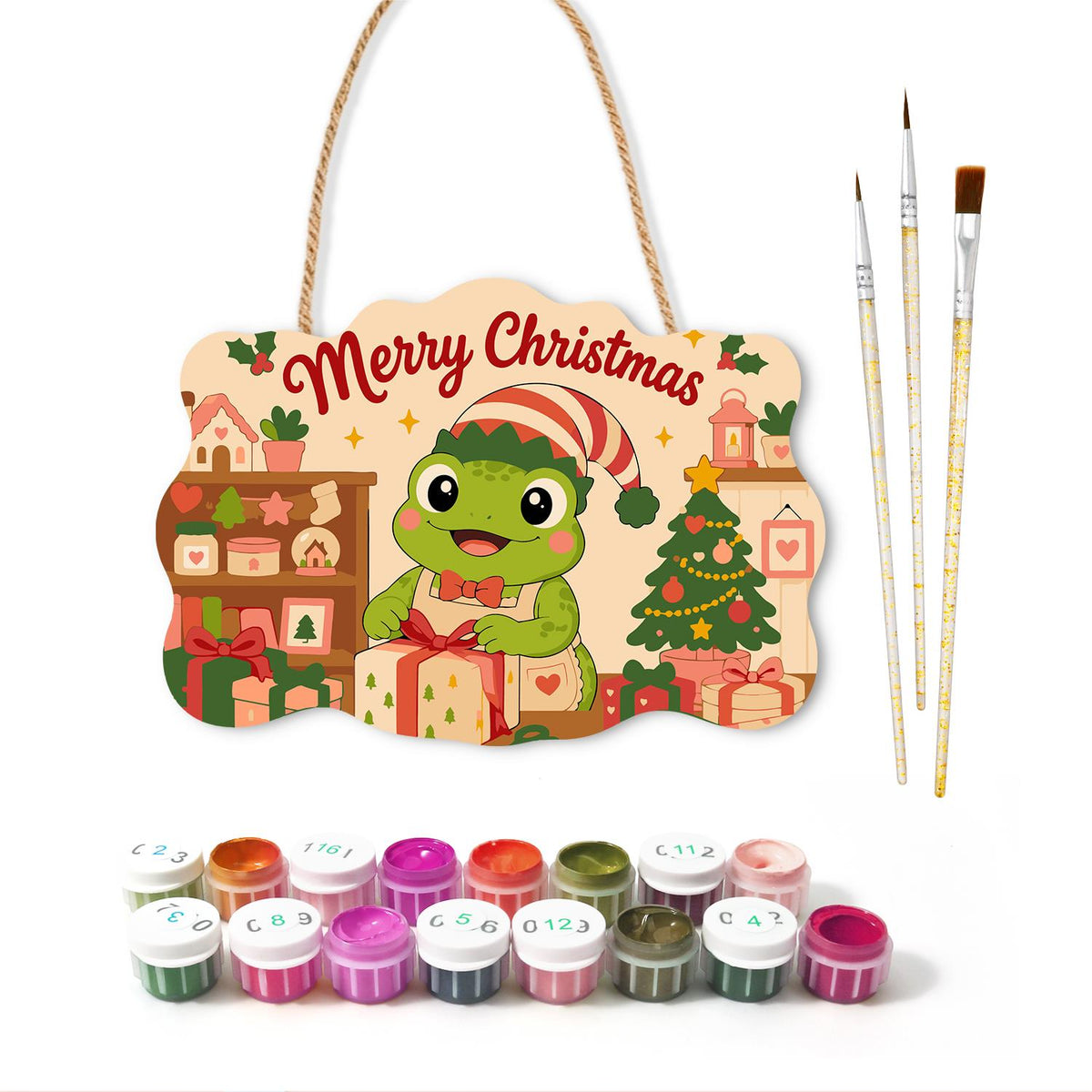 Elf Hat Frog with Bow Tie paint by numbers hanging sign – image 2
