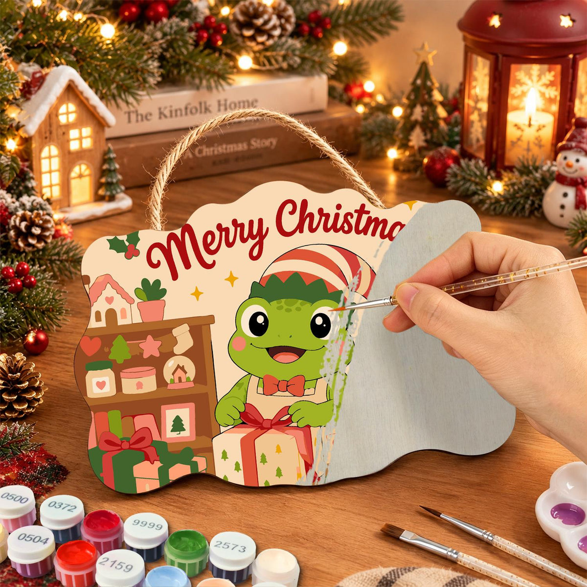 Elf Hat Frog with Bow Tie paint by numbers hanging sign – image 7