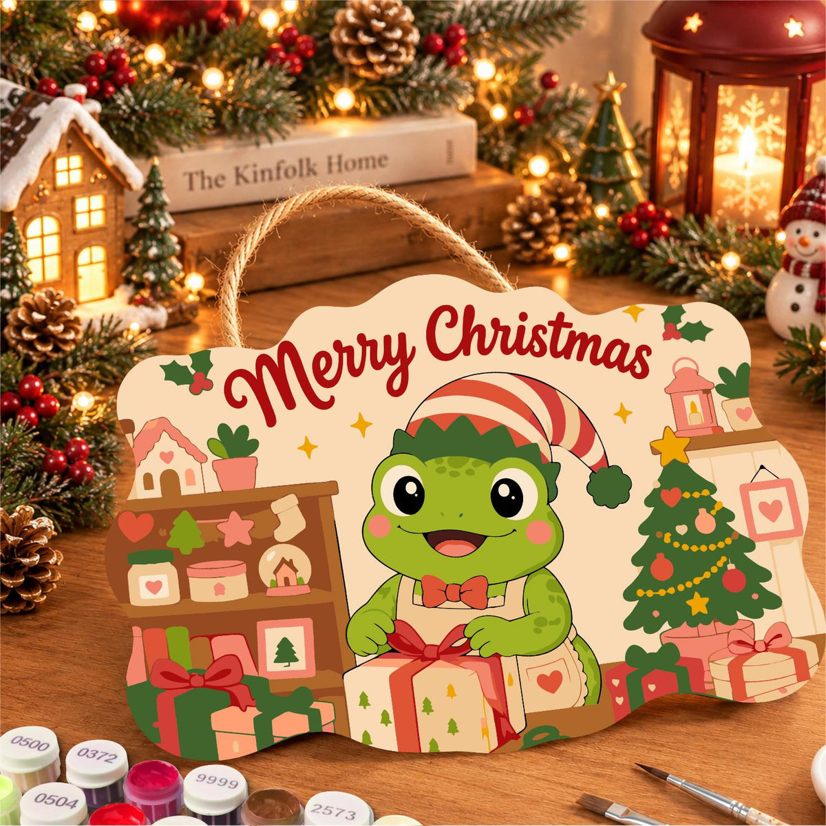 Elf Hat Frog with Bow Tie paint by numbers hanging sign – image 8