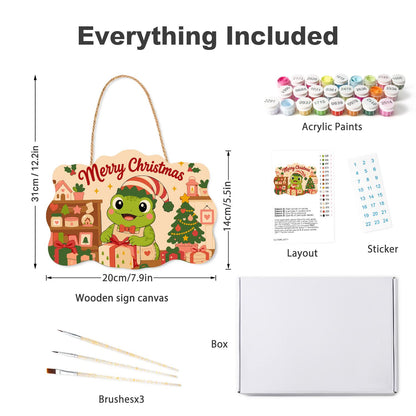 Elf Hat Frog with Bow Tie paint by numbers hanging sign – what's in the kit: the wooden sign, rope hanger, numbered paints and brushes