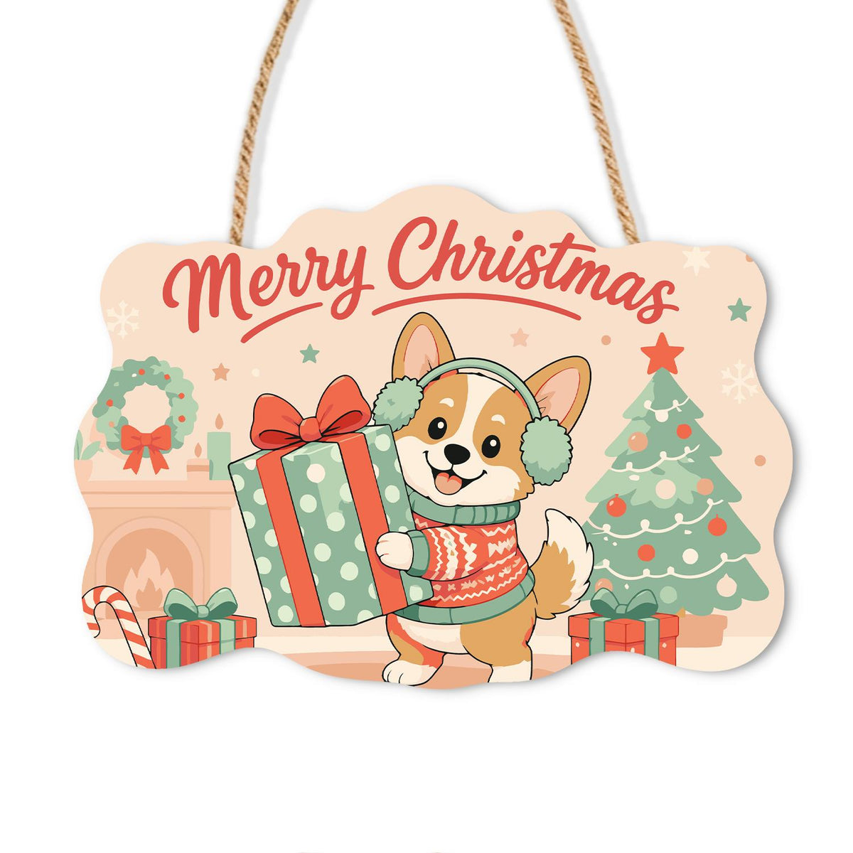 Earmuff Corgi with a Big Present paint by numbers hanging sign – Corgi in earmuffs and a sweater holding a big polka-dot gift by a fireplace, wreath and tree, on a wooden sign with a rope hanger