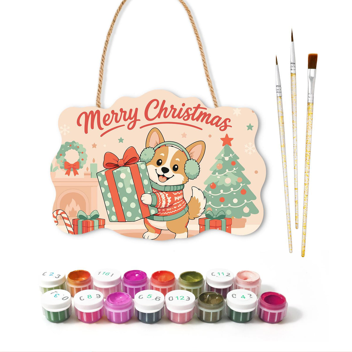 Earmuff Corgi with a Big Present paint by numbers hanging sign – image 2