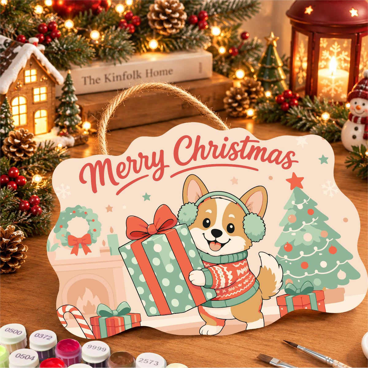 Earmuff Corgi with a Big Present paint by numbers hanging sign – image 8