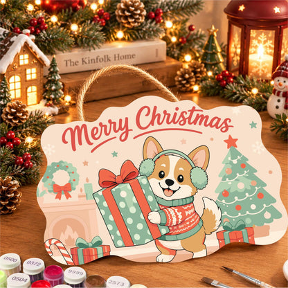 Earmuff Corgi with a Big Present paint by numbers hanging sign – image 8