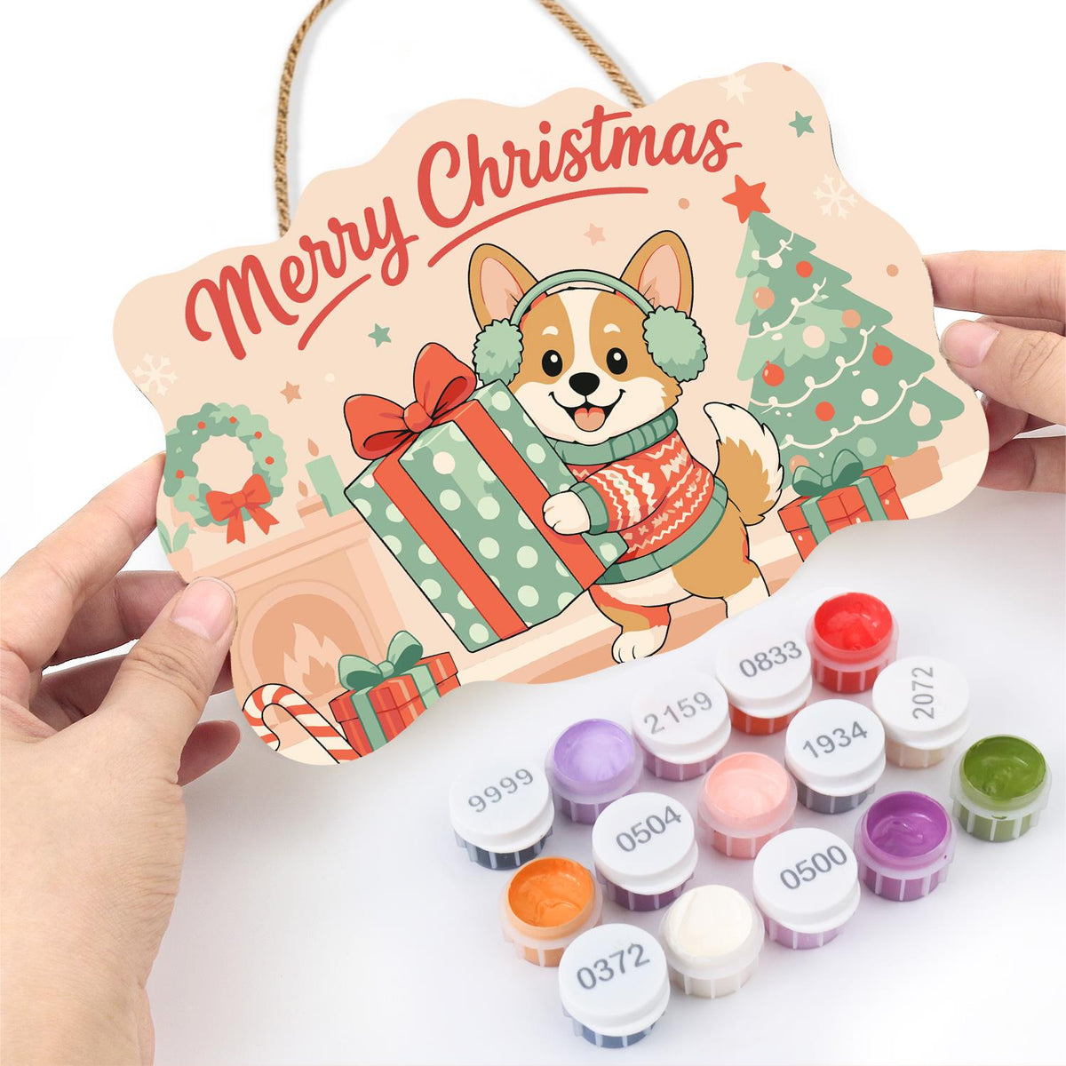 Earmuff Corgi with a Big Present paint by numbers hanging sign – image 9