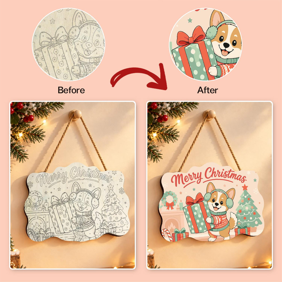 Earmuff Corgi with a Big Present paint by numbers hanging sign – image 10