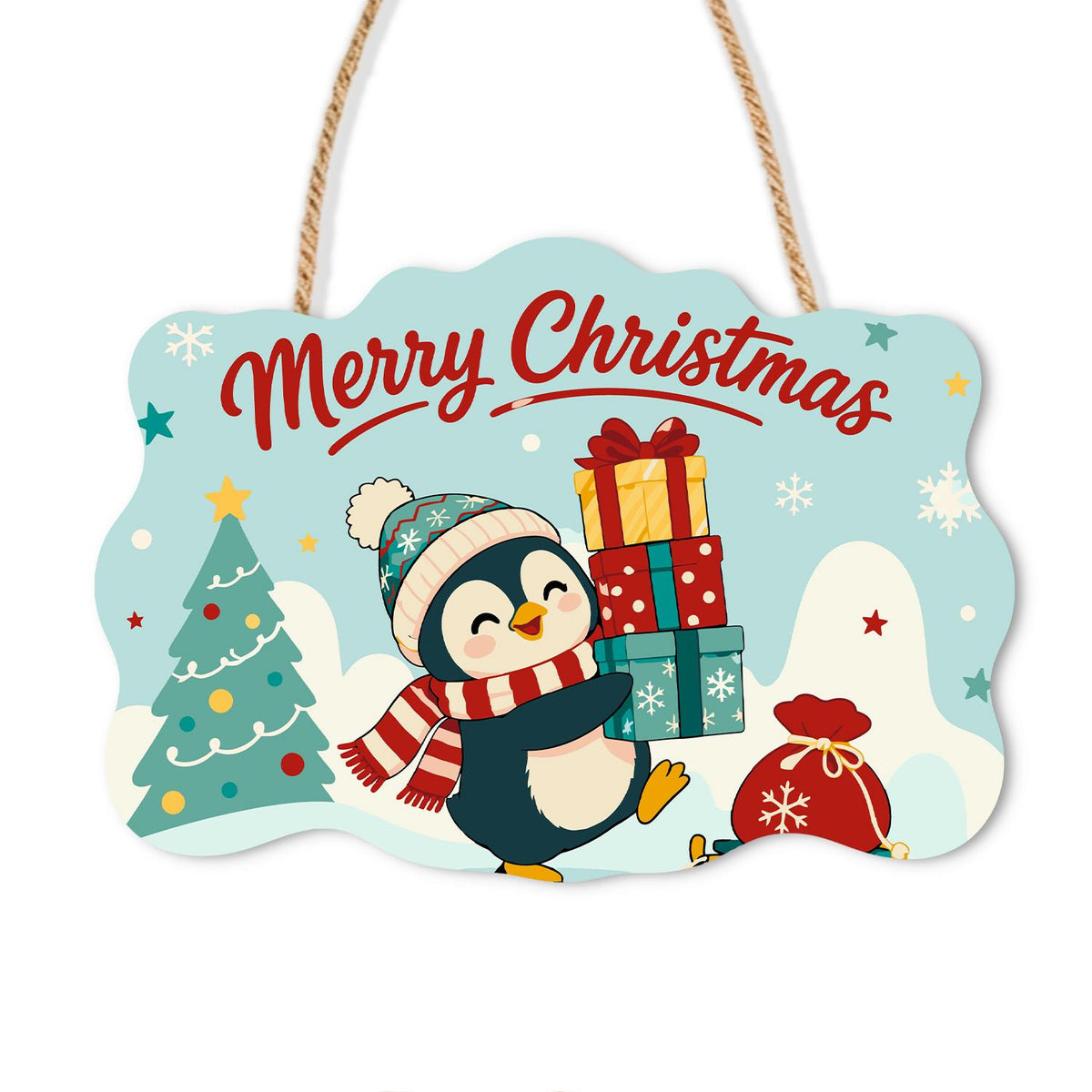 Bobble Hat Penguin Gift Tower paint by numbers hanging sign – Penguin in a knit hat and scarf carrying a stack of gifts beside a red sack and Christmas trees, on a wooden sign with a rope hanger