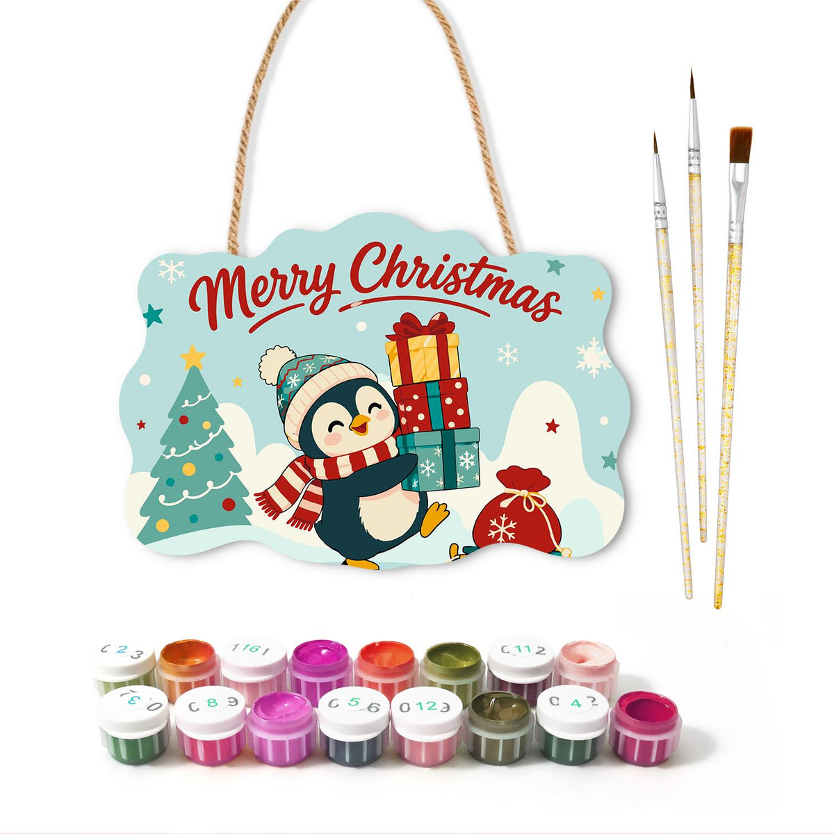 Bobble Hat Penguin Gift Tower paint by numbers hanging sign – image 2