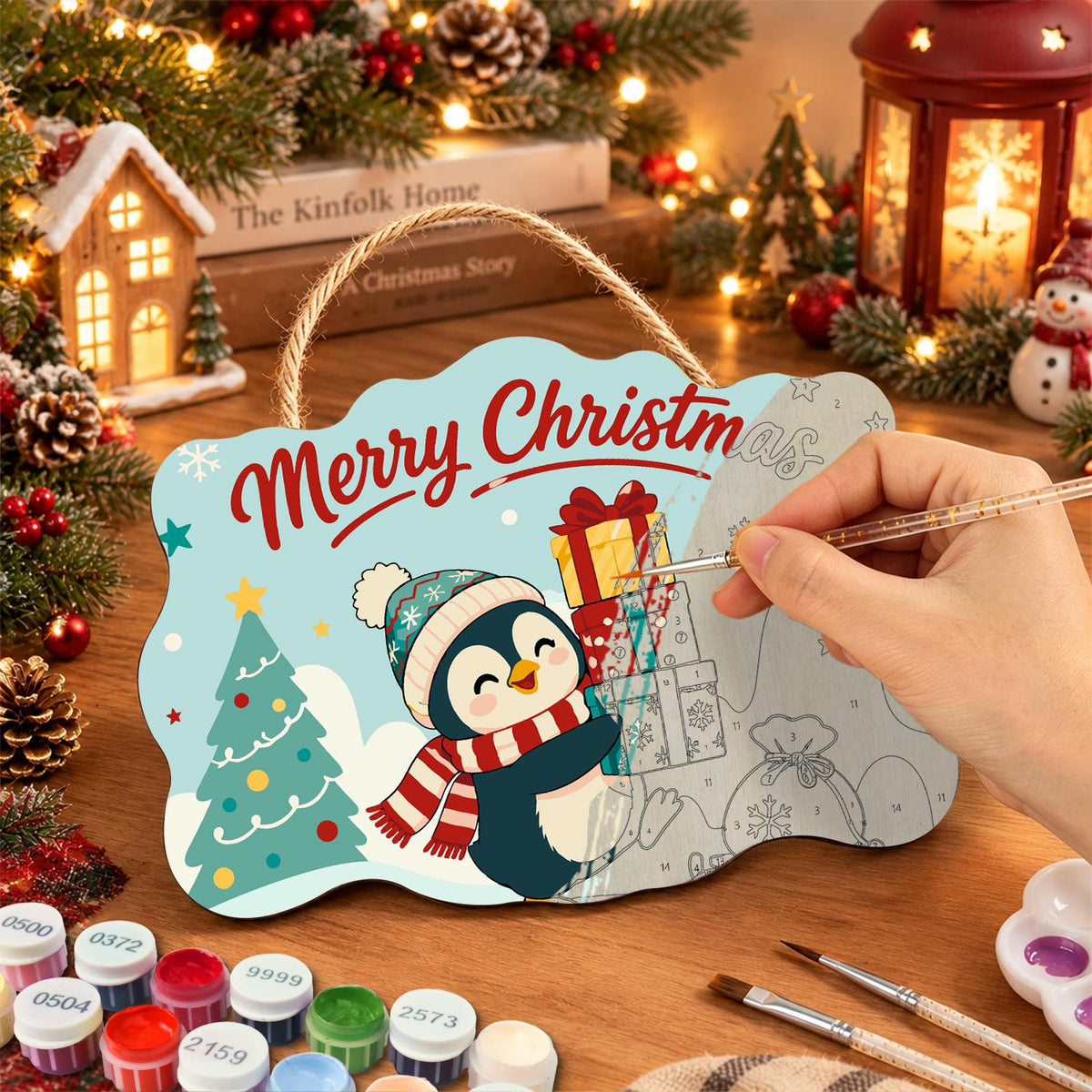 Bobble Hat Penguin Gift Tower paint by numbers hanging sign – image 7