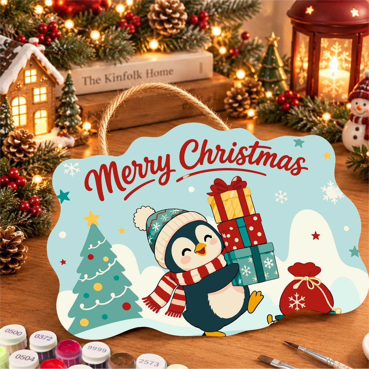 Bobble Hat Penguin Gift Tower paint by numbers hanging sign – image 8