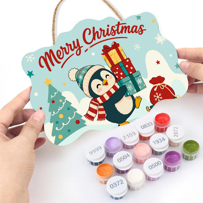 Bobble Hat Penguin Gift Tower paint by numbers hanging sign – image 9
